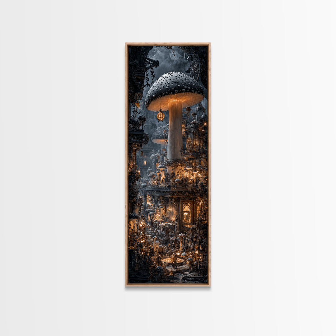 The Moonlit Mushroom Village, Tall Narrow Wall Art, Spooky Home Decor, Canvas Print, Halloween Wall Decor, Gothic Home Decor
