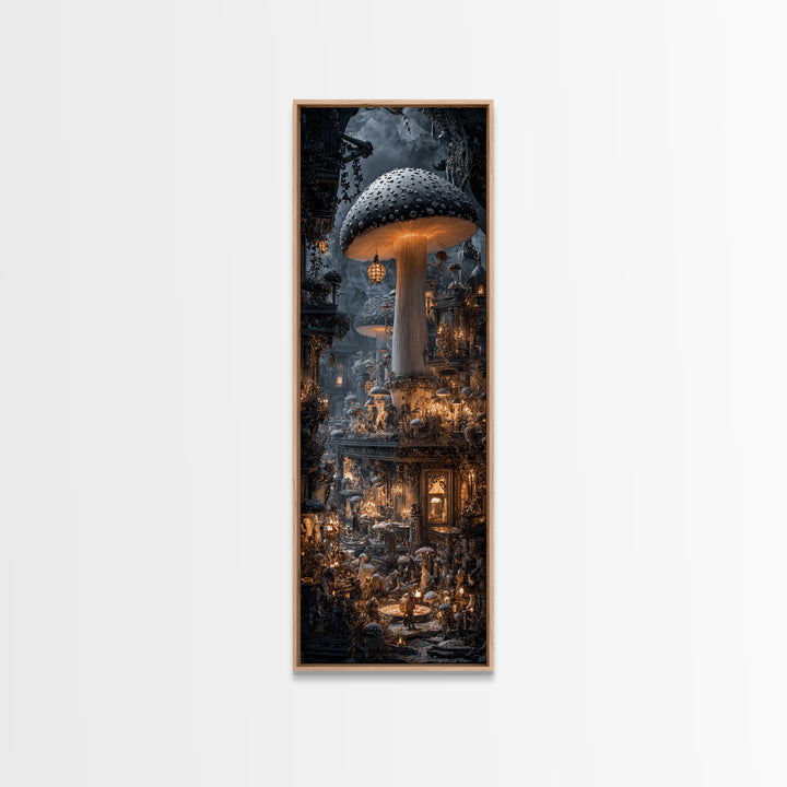 The Moonlit Mushroom Village, Tall Narrow Wall Art, Spooky Home Decor, Canvas Print, Halloween Wall Decor, Gothic Home Decor