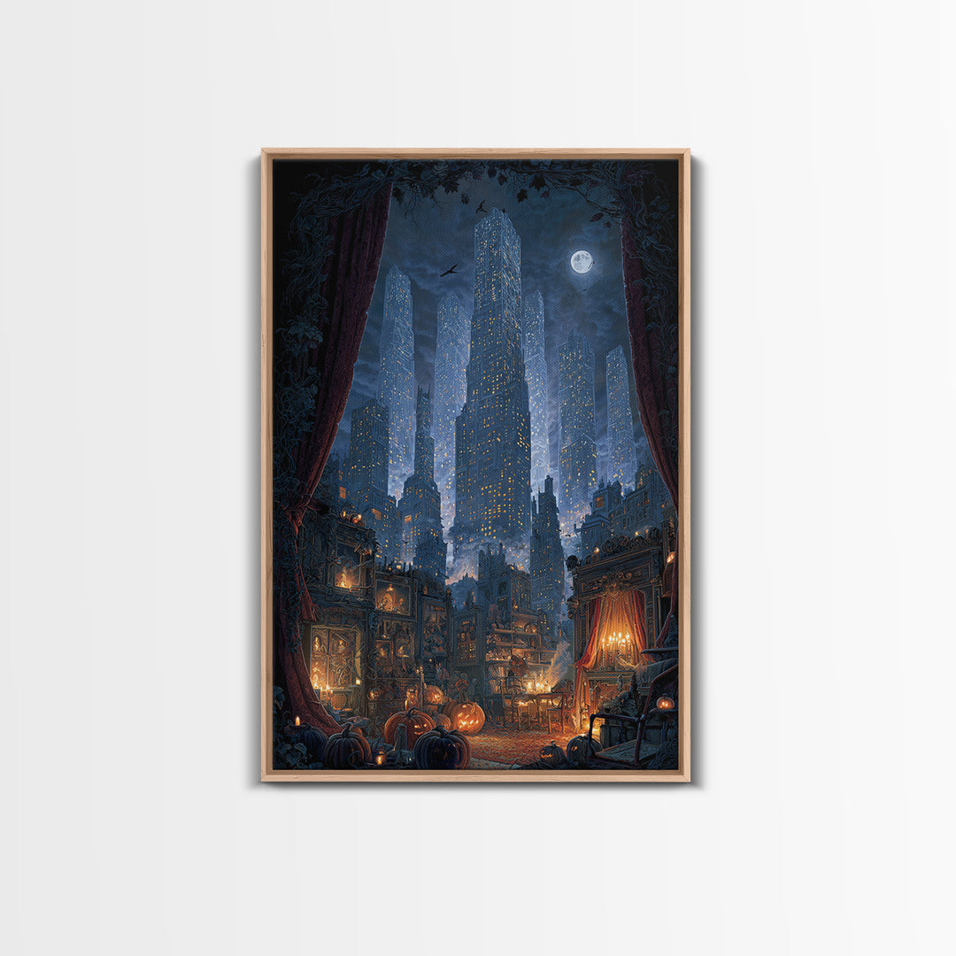 The Haunted City Skyline, Vertical Wall Art, Haunted Gothic Art, Framed Canvas Print, Halloween Wall Decor, Gothic Home Decor