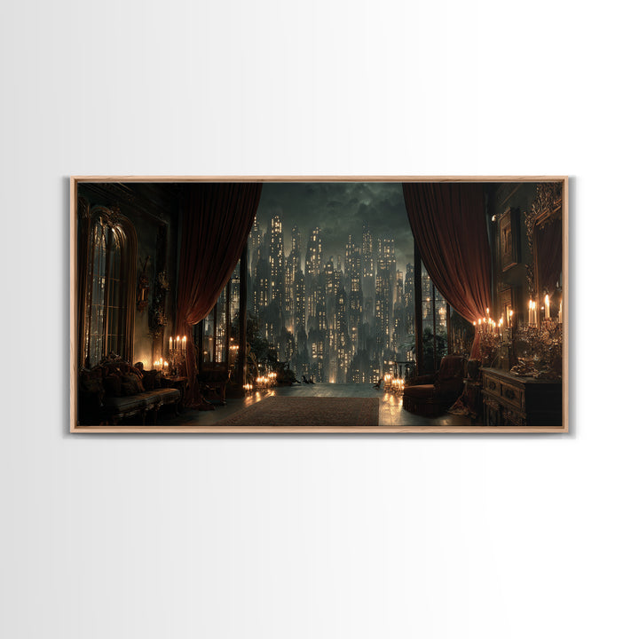 The Haunted City Skyline, Wide Panoramic Art, Dark Fantasy Wall Art, Canvas Print, Halloween Wall Decor, Gothic Home Decor