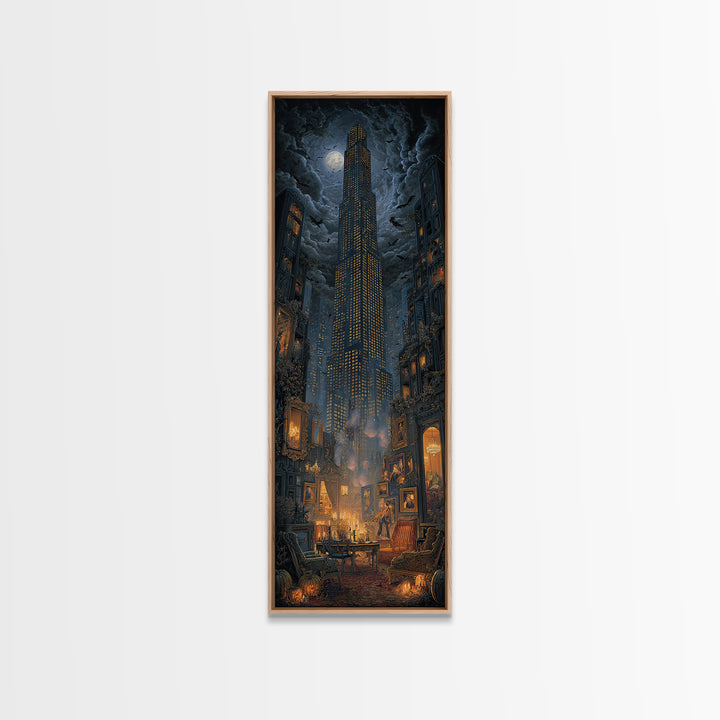 The Haunted City Skyline, Tall Narrow Wall Art, Haunted Gothic Art, Framed Canvas Print, Halloween Wall Decor, Gothic Home Decor
