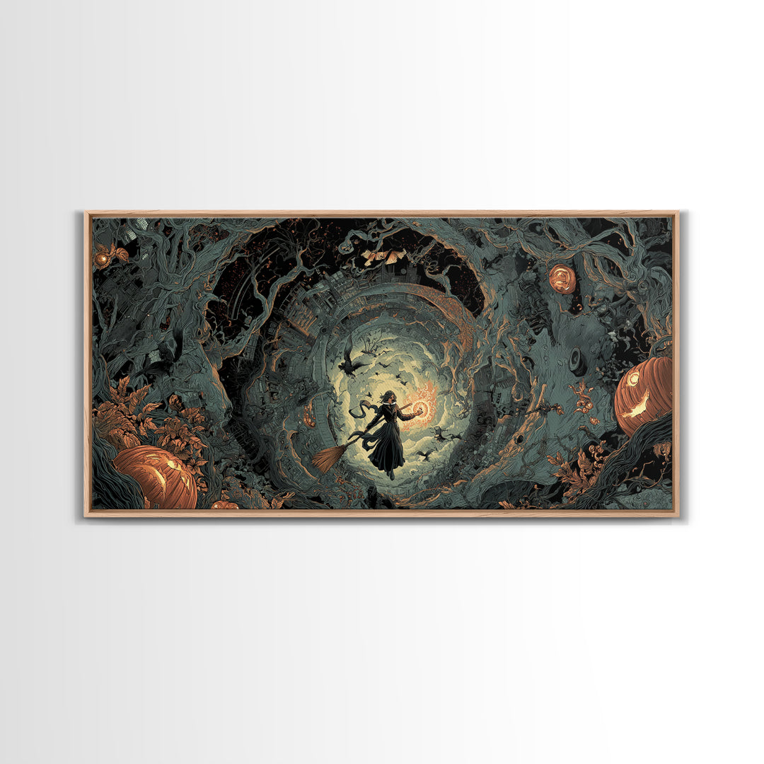 The Cyberpunk Witch, Wide Panoramic Art, Haunted Gothic Art, Framed Canvas Print, Halloween Wall Decor, Gothic Home Decor