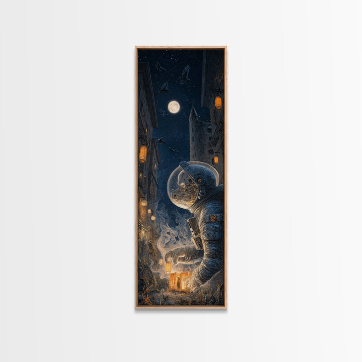 The Astronaut Ghost, Tall Narrow Wall Art, Macabre Wall Art, Framed Canvas Print, Halloween Wall Decor, Gothic Home Decor
