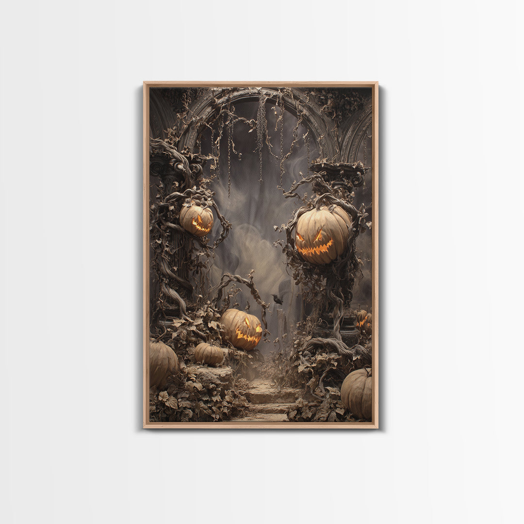 The Alien Pumpkin Patch, Vertical Wall Art, Haunted Gothic Art, Framed Canvas Print, Halloween Wall Decor, Gothic Home Decor