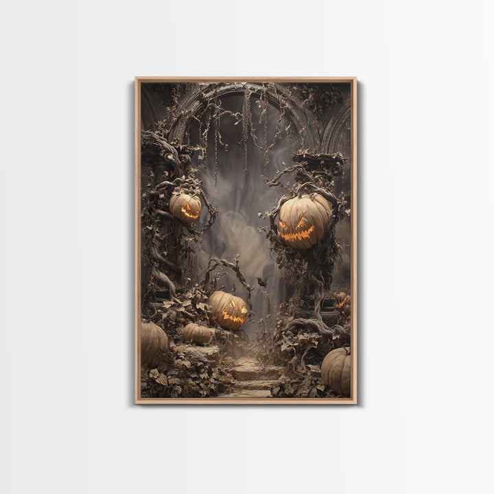 The Alien Pumpkin Patch, Vertical Wall Art, Haunted Gothic Art, Framed Canvas Print, Halloween Wall Decor, Gothic Home Decor