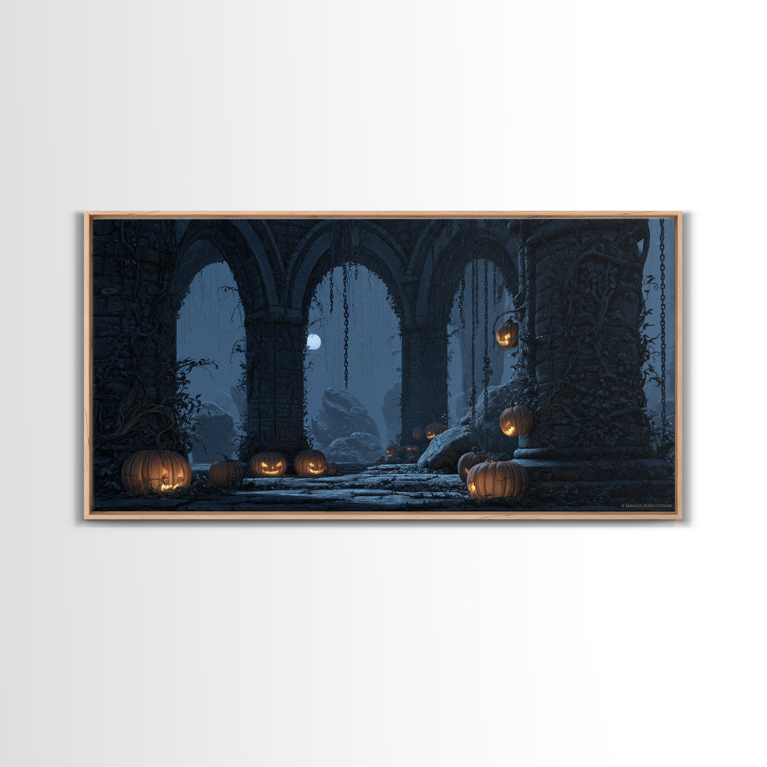 The Alien Pumpkin Patch, Wide Panoramic Art, Gothic Horror Wall Art, Framed Canvas Print, Halloween Wall Decor, Gothic Home Decor
