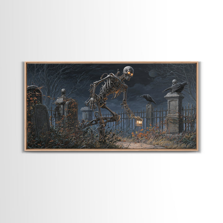 The Biomechanical Skeleton, Wide Panoramic Art, Gothic Horror Wall Art, Framed Canvas Print, Halloween Wall Decor, Gothic Home Decor