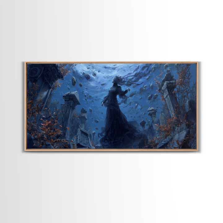 The Underwater Graveyard, Wide Panoramic Art, Haunted Gothic Art, Framed Canvas Print, Halloween Wall Decor, Gothic Home Decor