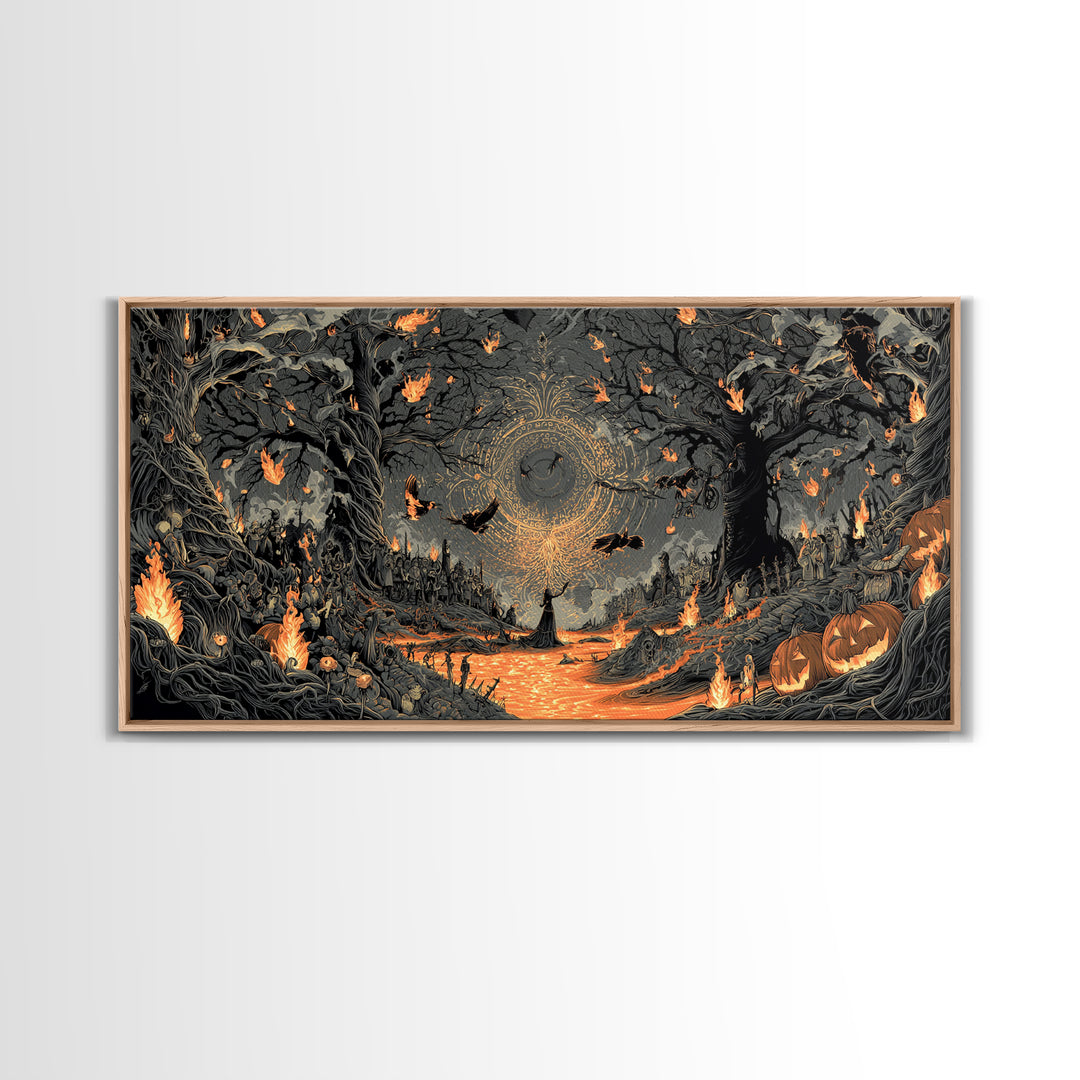 The Volcanic Demon Festival, Wide Panoramic Art, Haunted Gothic Art, Framed Canvas Print, Halloween Wall Decor, Gothic Home Decor