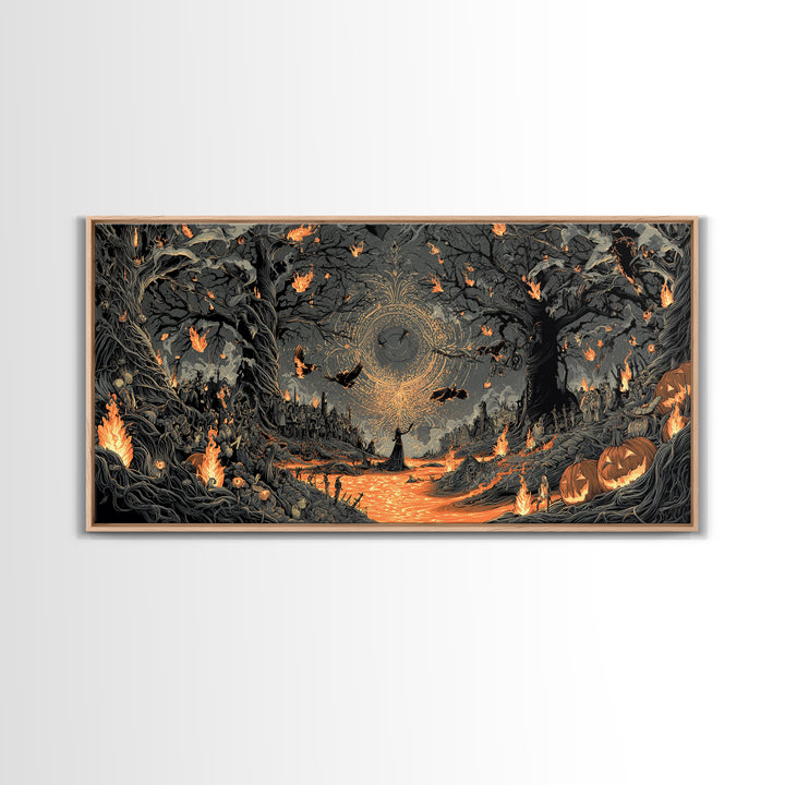 The Volcanic Demon Festival, Wide Panoramic Art, Haunted Gothic Art, Framed Canvas Print, Halloween Wall Decor, Gothic Home Decor