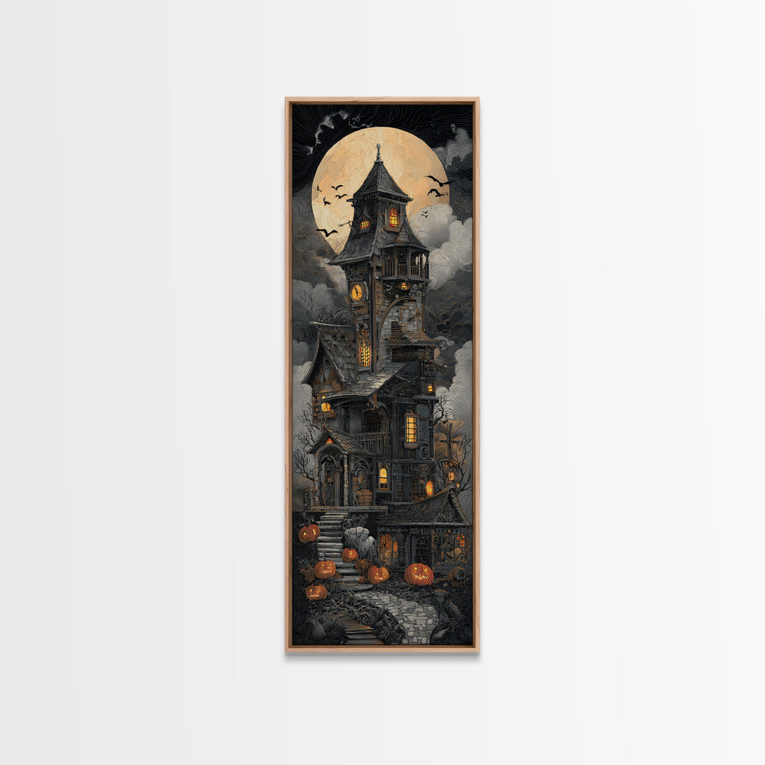 The Clockwork Haunted House, Tall Narrow Wall Art, Dark Fantasy Wall Art, Canvas Print, Halloween Wall Decor, Gothic Home Decor
