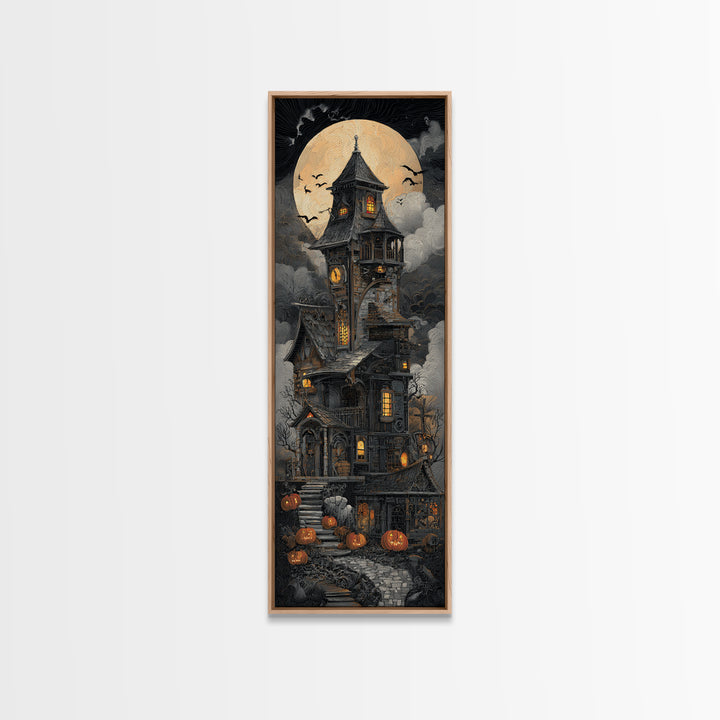 The Clockwork Haunted House, Tall Narrow Wall Art, Dark Fantasy Wall Art, Canvas Print, Halloween Wall Decor, Gothic Home Decor