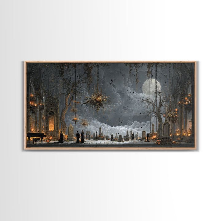 The Upside-Down Cemetery, Wide Panoramic Art, Macabre Wall Art, Framed Canvas Print, Halloween Wall Decor, Gothic Home Decor