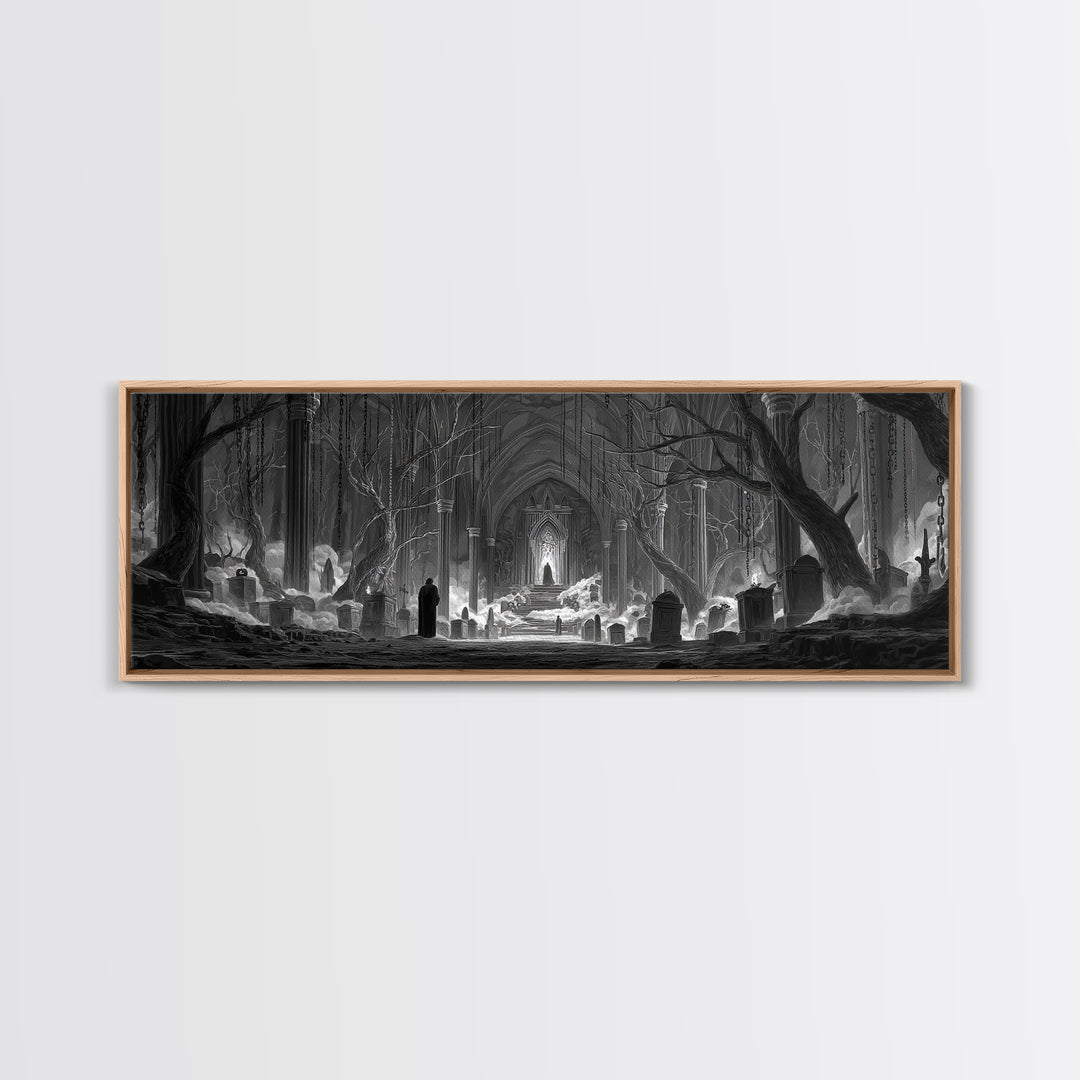 The Upside-Down Cemetery, Extra Wide Wall Art, Gothic Horror Wall Art, Framed Canvas Print, Halloween Wall Decor, Gothic Home Decor