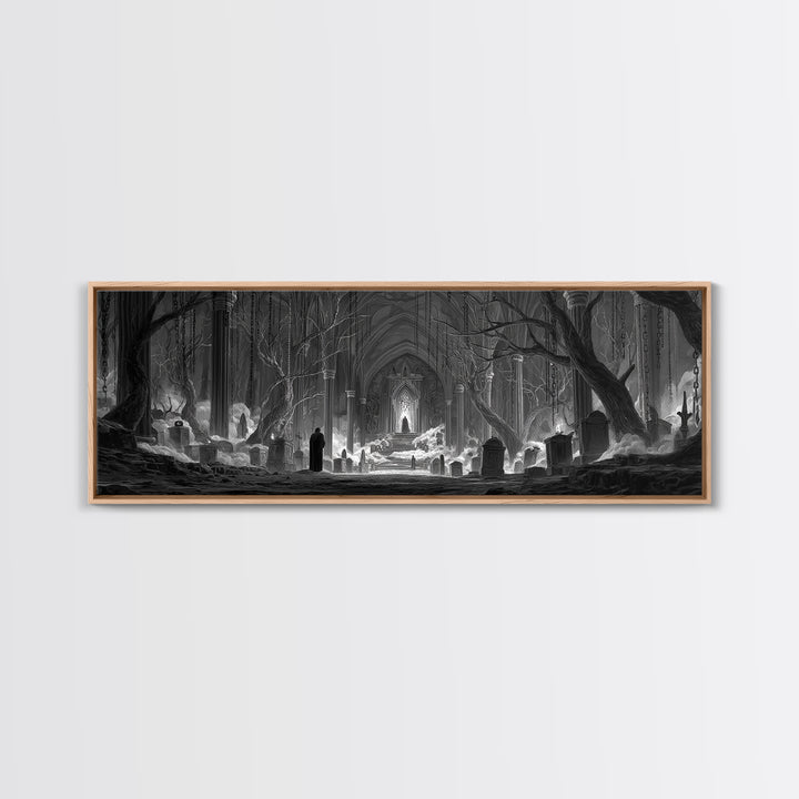 The Upside-Down Cemetery, Extra Wide Wall Art, Gothic Horror Wall Art, Framed Canvas Print, Halloween Wall Decor, Gothic Home Decor