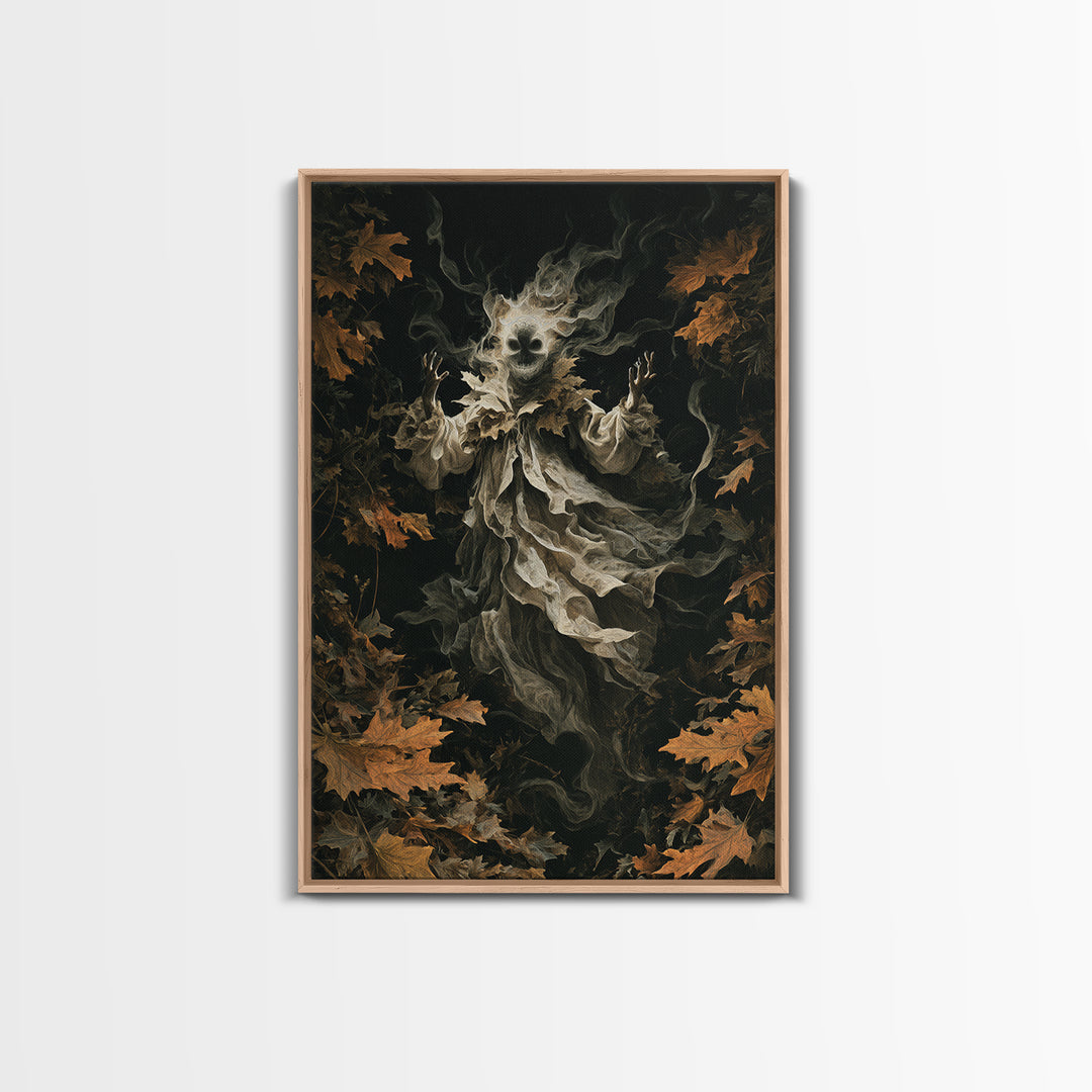 The Autumn-Leaf Ghost, Vertical Wall Art, Gothic Horror Wall Art, Framed Canvas Print, Halloween Wall Decor, Gothic Home Decor