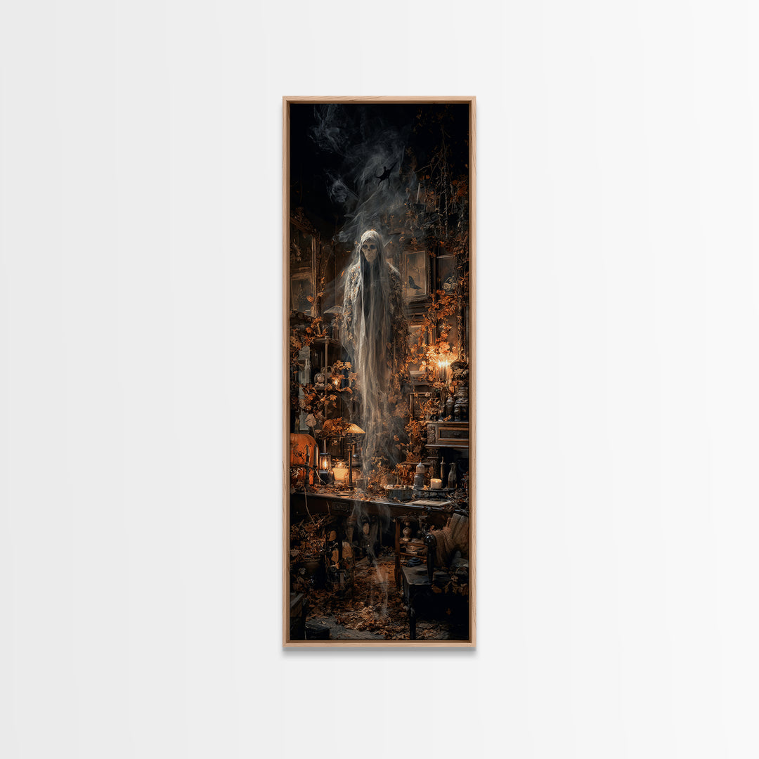 The Autumn-Leaf Ghost, Tall Narrow Wall Art, Macabre Wall Art, Framed Canvas Print, Halloween Wall Decor, Gothic Home Decor