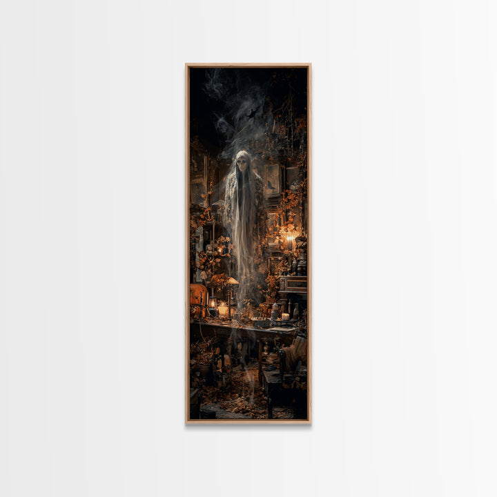 The Autumn-Leaf Ghost, Tall Narrow Wall Art, Macabre Wall Art, Framed Canvas Print, Halloween Wall Decor, Gothic Home Decor