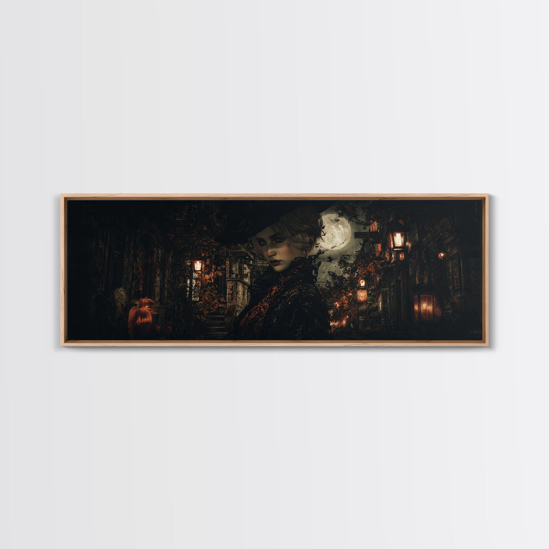 The Town Where Shadows Live, Extra Wide Wall Art, Macabre Wall Art, Framed Canvas Print, Halloween Wall Decor, Gothic Home Decor