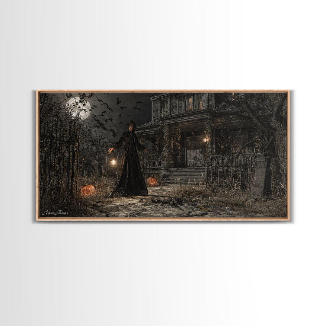 The Last House At The World'S Edge, Wide Panoramic Art, Haunted Gothic Art, Framed Canvas Print, Halloween Wall Decor, Gothic Home Decor