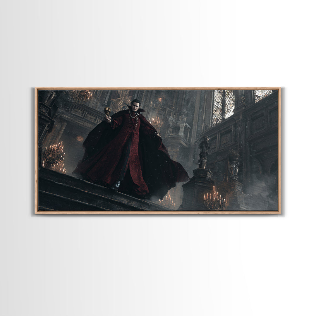 The Crimson Count Of Hollow Keep, Wide Panoramic Art, Gothic Horror Wall Art, Framed Canvas Print, Halloween Wall Decor, Gothic Home Decor