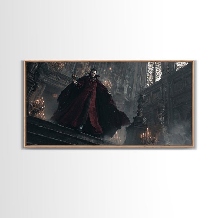 The Crimson Count Of Hollow Keep, Wide Panoramic Art, Gothic Horror Wall Art, Framed Canvas Print, Halloween Wall Decor, Gothic Home Decor