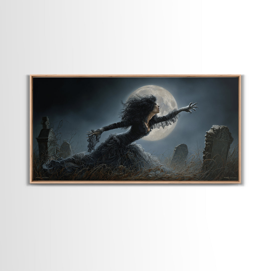 The Widow Wolf Of Briar Moon, Wide Panoramic Art, Macabre Wall Art, Framed Canvas Print, Halloween Wall Decor, Gothic Home Decor