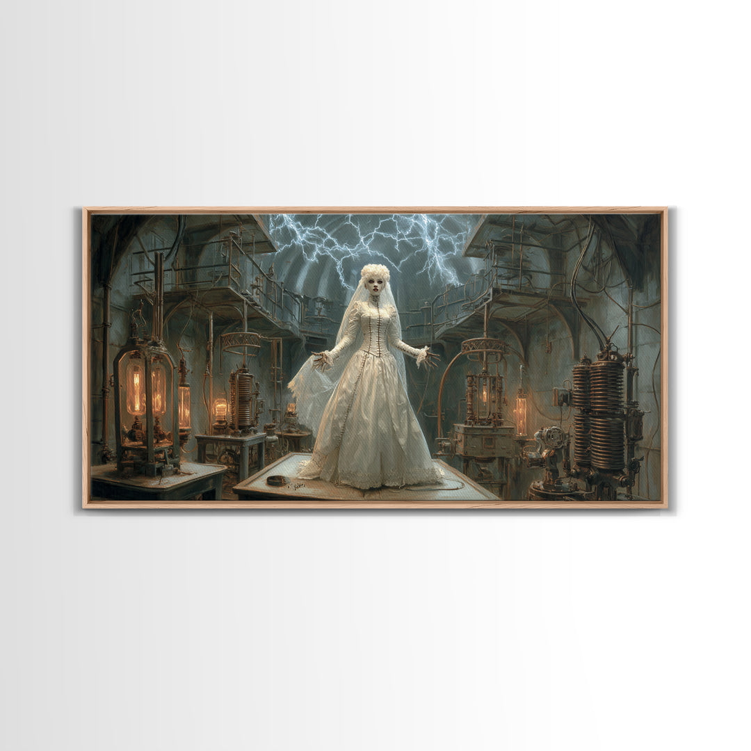 The Stitched Bride Of Thunder Hall, Wide Panoramic Art, Dark Fantasy Wall Art, Canvas Print, Halloween Wall Decor, Gothic Home Decor