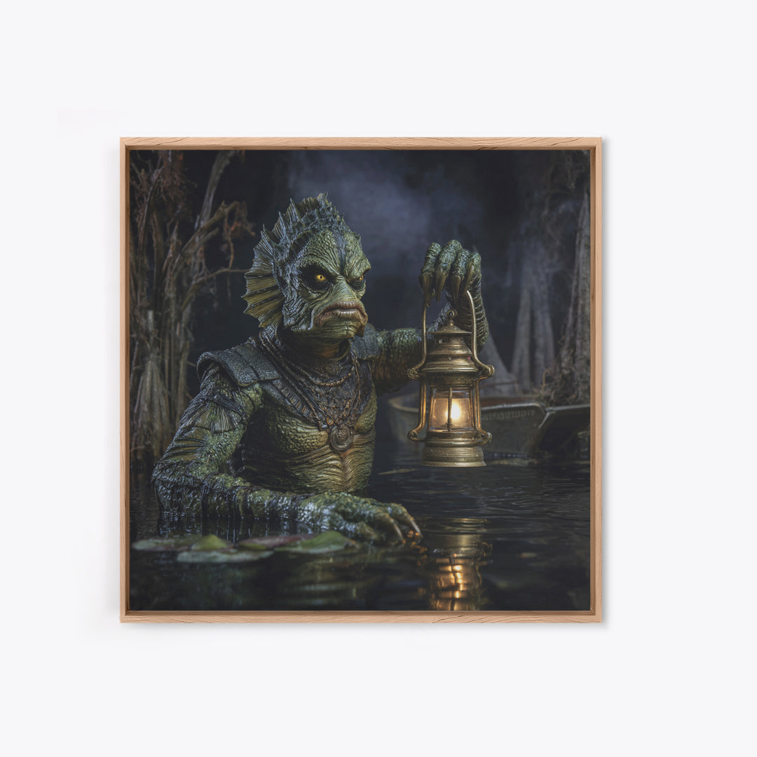 The Creature Of Lantern Lagoon, Square Wall Art, Macabre Wall Art, Framed Canvas Print, Halloween Wall Decor, Gothic Home Decor