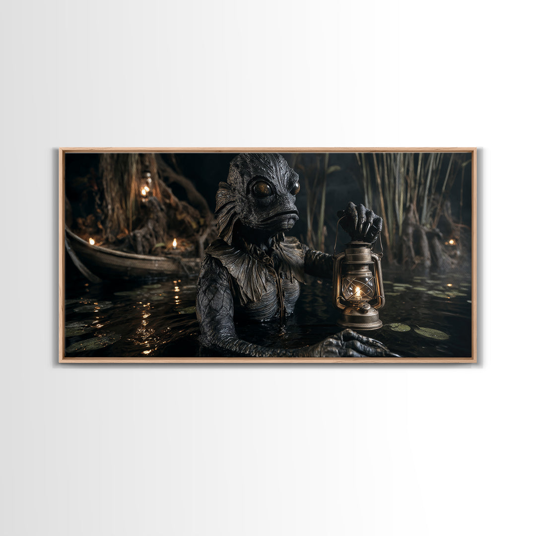 The Creature Of Lantern Lagoon, Wide Panoramic Art, Haunted Gothic Art, Framed Canvas Print, Halloween Wall Decor, Gothic Home Decor