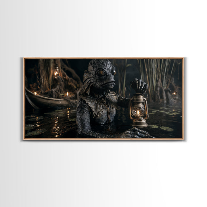 The Creature Of Lantern Lagoon, Wide Panoramic Art, Haunted Gothic Art, Framed Canvas Print, Halloween Wall Decor, Gothic Home Decor