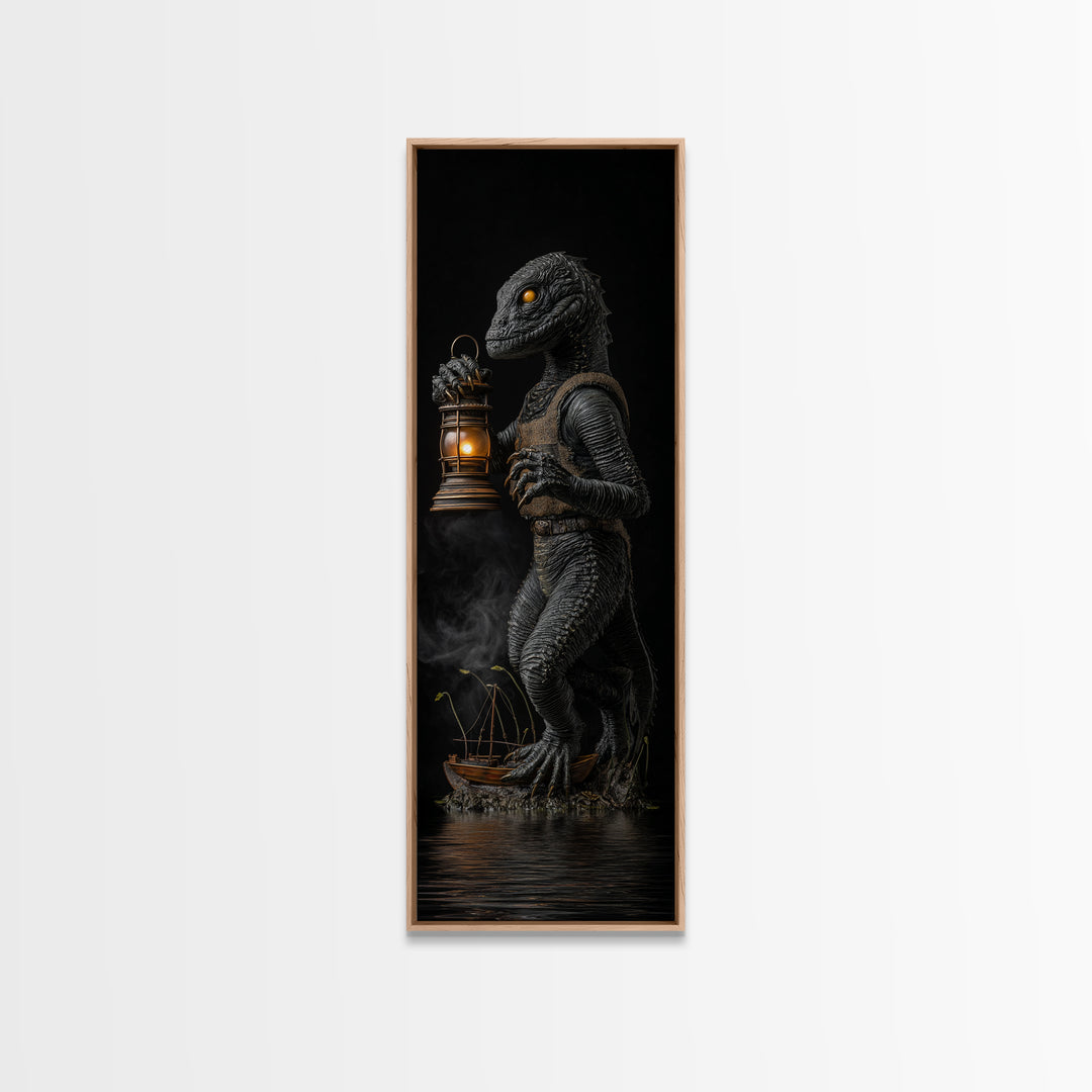The Creature Of Lantern Lagoon, Tall Narrow Wall Art, Haunted Gothic Art, Framed Canvas Print, Halloween Wall Decor, Gothic Home Decor