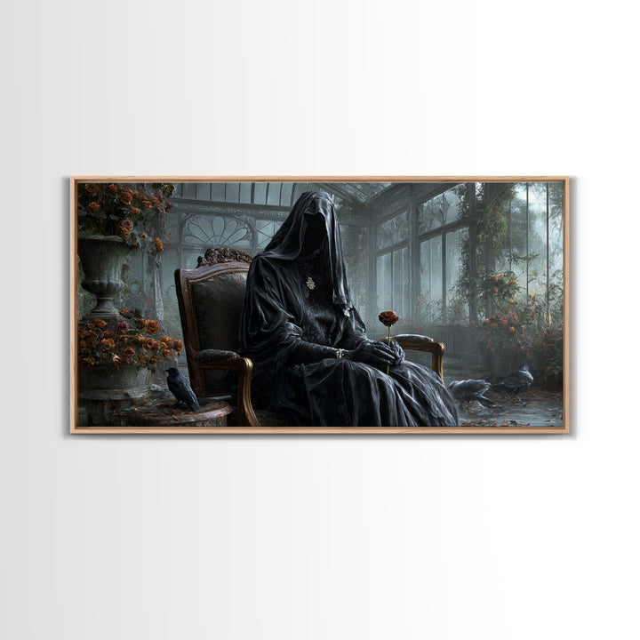 The Invisible Mourner Of Glass House, Wide Panoramic Art, Gothic Horror Wall Art, Framed Canvas Print, Halloween Wall Decor