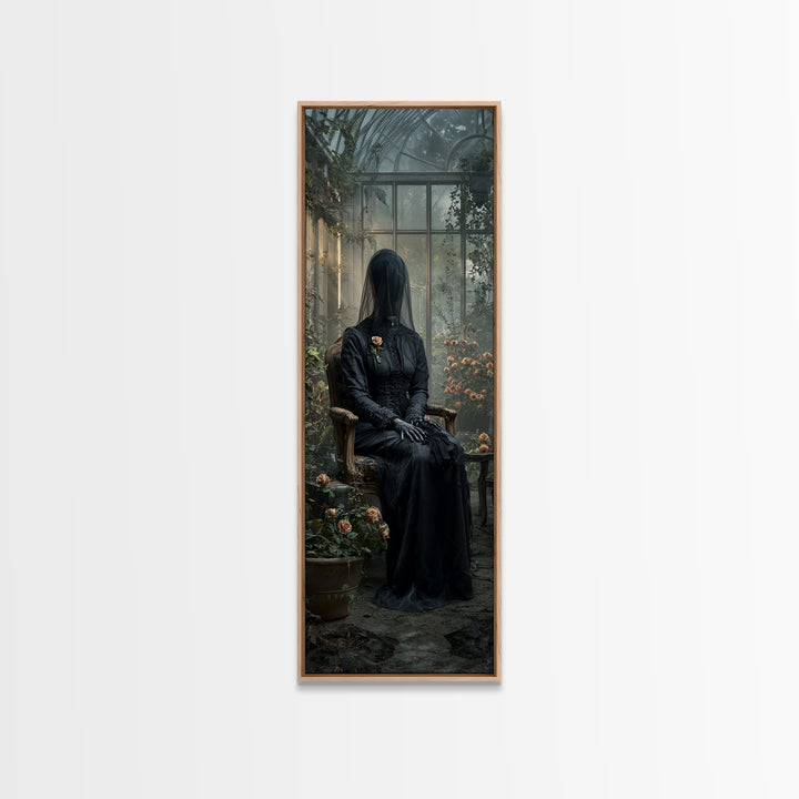 The Invisible Mourner Of Glass House, Tall Narrow Wall Art, Haunted Gothic Art, Framed Canvas Print, Halloween Wall Decor, Gothic Home Decor