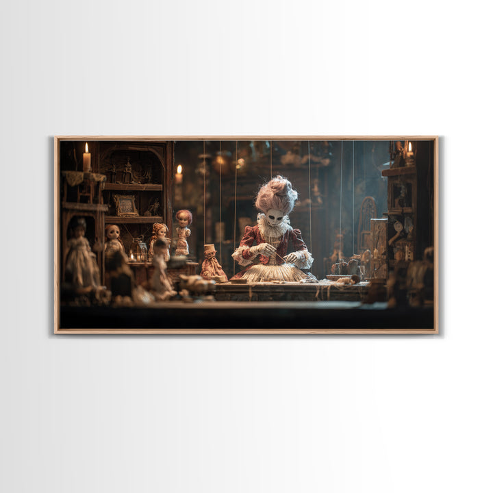 The Dollmaker Of Hollow Ward, Wide Panoramic Art, Macabre Wall Art, Framed Canvas Print, Halloween Wall Decor, Gothic Home Decor