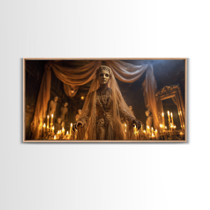 The Wax Bride Of Mourning Hall, Wide Panoramic Art, Macabre Wall Art, Framed Canvas Print, Halloween Wall Decor, Gothic Home Decor