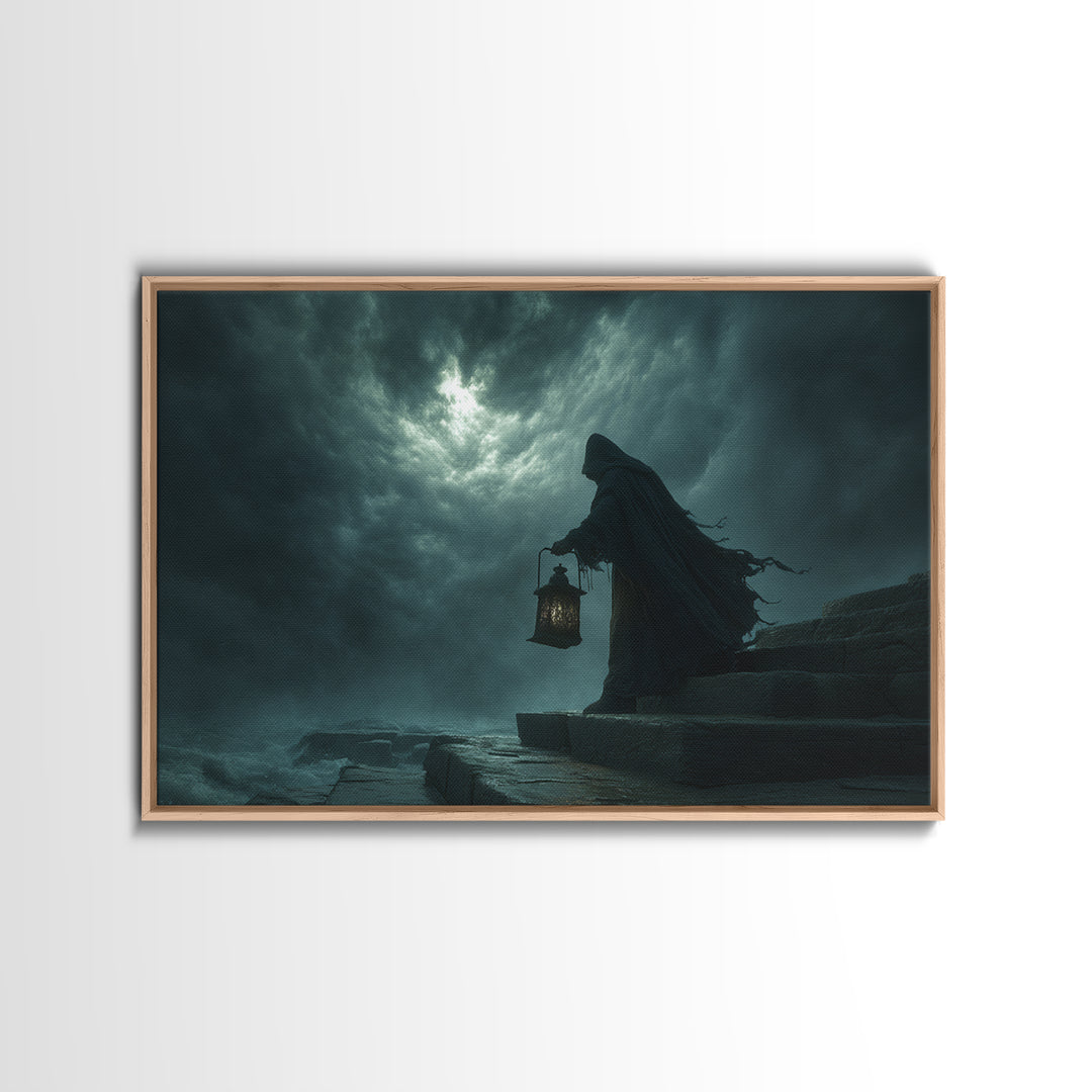 The Lantern-Bearer Of R’Lyeh, Landscape Wall Art, Spooky Home Decor, Framed Canvas Print, Halloween Wall Decor, Gothic Home Decor