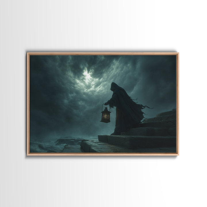 The Lantern-Bearer Of R’Lyeh, Landscape Wall Art, Spooky Home Decor, Framed Canvas Print, Halloween Wall Decor, Gothic Home Decor