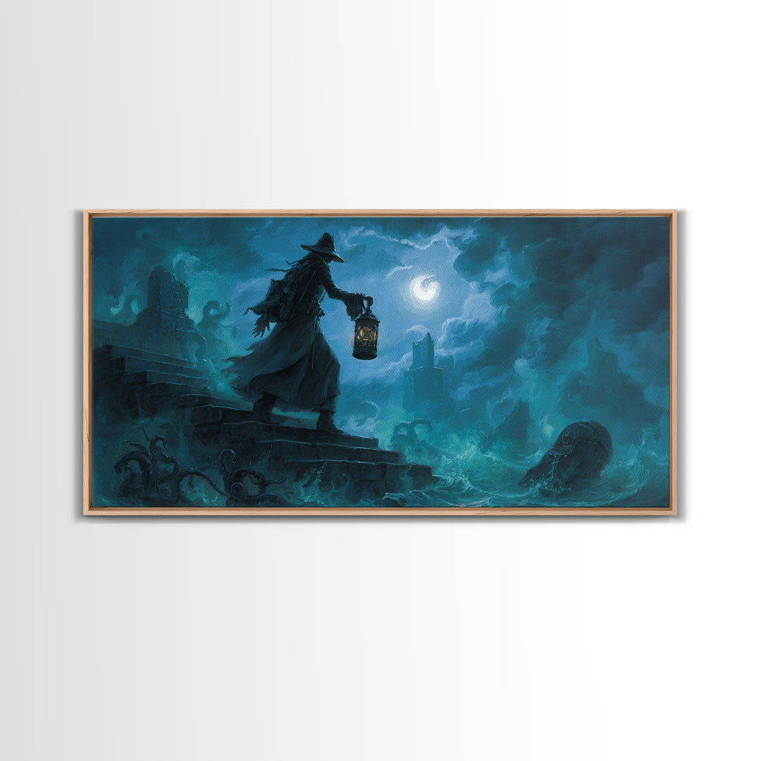 The Lantern-Bearer Of R’Lyeh, Wide Panoramic Art, Lovecraftian Horror Art, Canvas Print, Halloween Wall Decor, Gothic Home Decor
