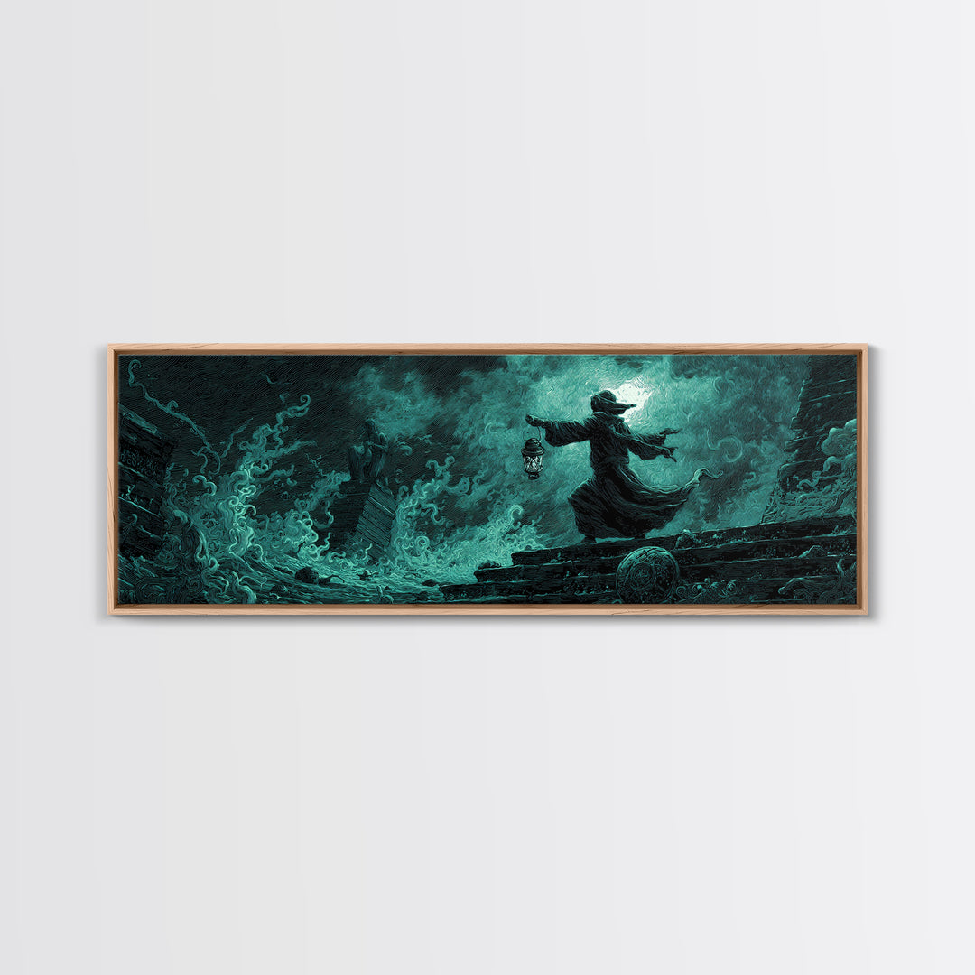 The Lantern-Bearer Of R’Lyeh, Extra Wide Wall Art, Eldritch Gothic Decor, Framed Canvas Print, Halloween Wall Decor, Gothic Home Decor