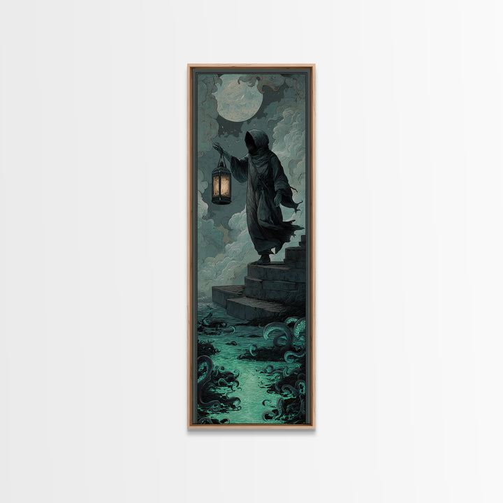 The Lantern-Bearer Of R’Lyeh, Tall Narrow Wall Art, Gothic Horror Wall Art, Framed Canvas Print, Halloween Wall Decor, Gothic Home Decor