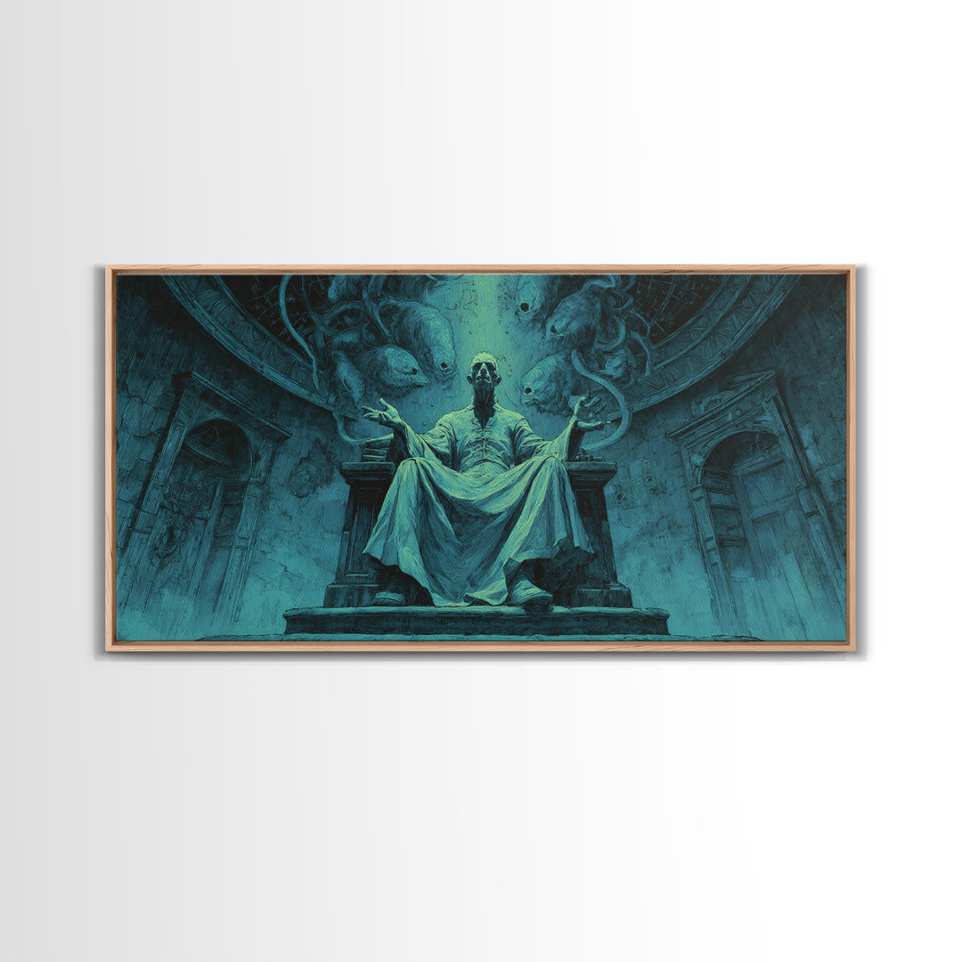 The Dreaming Priest Of The Outer Gate, Wide Panoramic Art, Gothic Horror Wall Art, Framed Canvas Print, Halloween Wall Decor