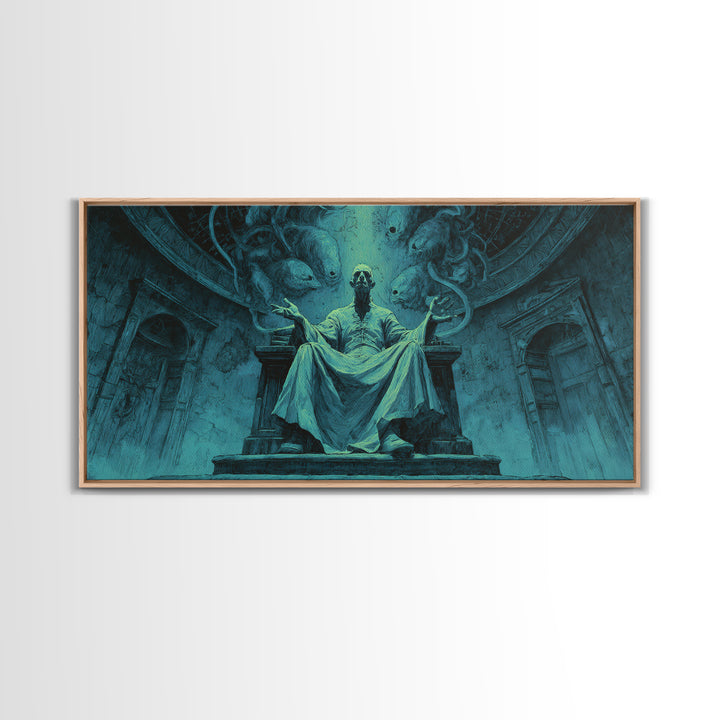 The Dreaming Priest Of The Outer Gate, Wide Panoramic Art, Gothic Horror Wall Art, Framed Canvas Print, Halloween Wall Decor