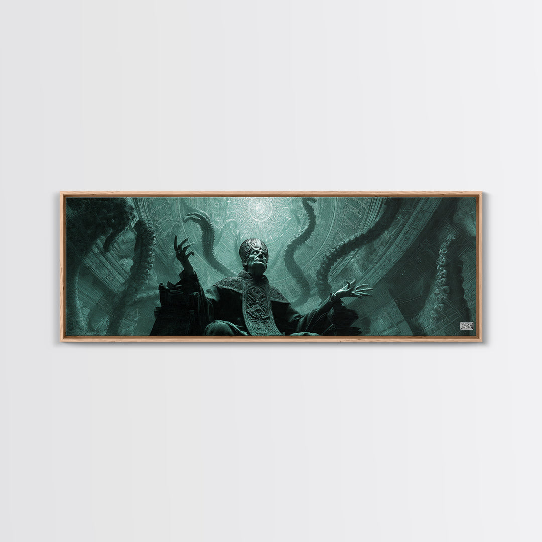 The Dreaming Priest Of The Outer Gate, Extra Wide Wall Art, Cosmic Horror Wall Art, Framed Canvas Print, Halloween Wall Decor