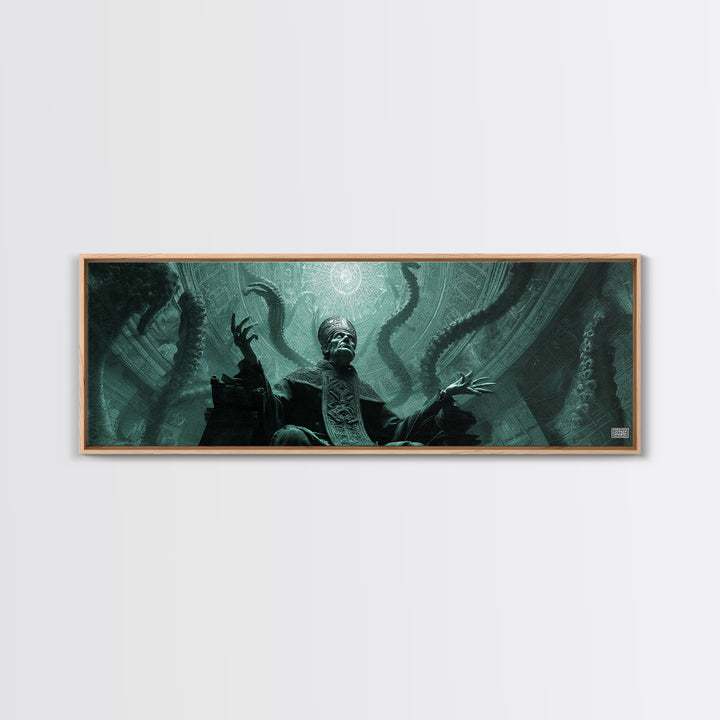 The Dreaming Priest Of The Outer Gate, Extra Wide Wall Art, Cosmic Horror Wall Art, Framed Canvas Print, Halloween Wall Decor