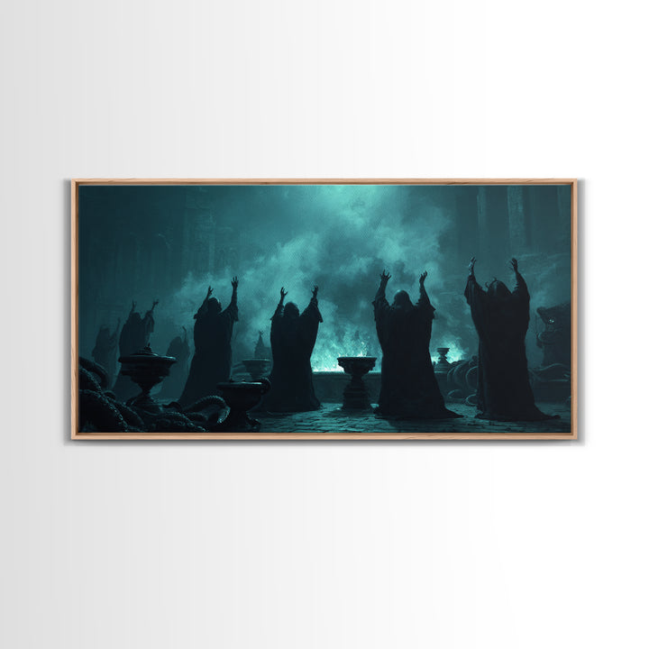 The Choir Of Deepwater Acolytes, Wide Panoramic Art, Dark Fantasy Wall Art, Canvas Print, Halloween Wall Decor, Gothic Home Decor