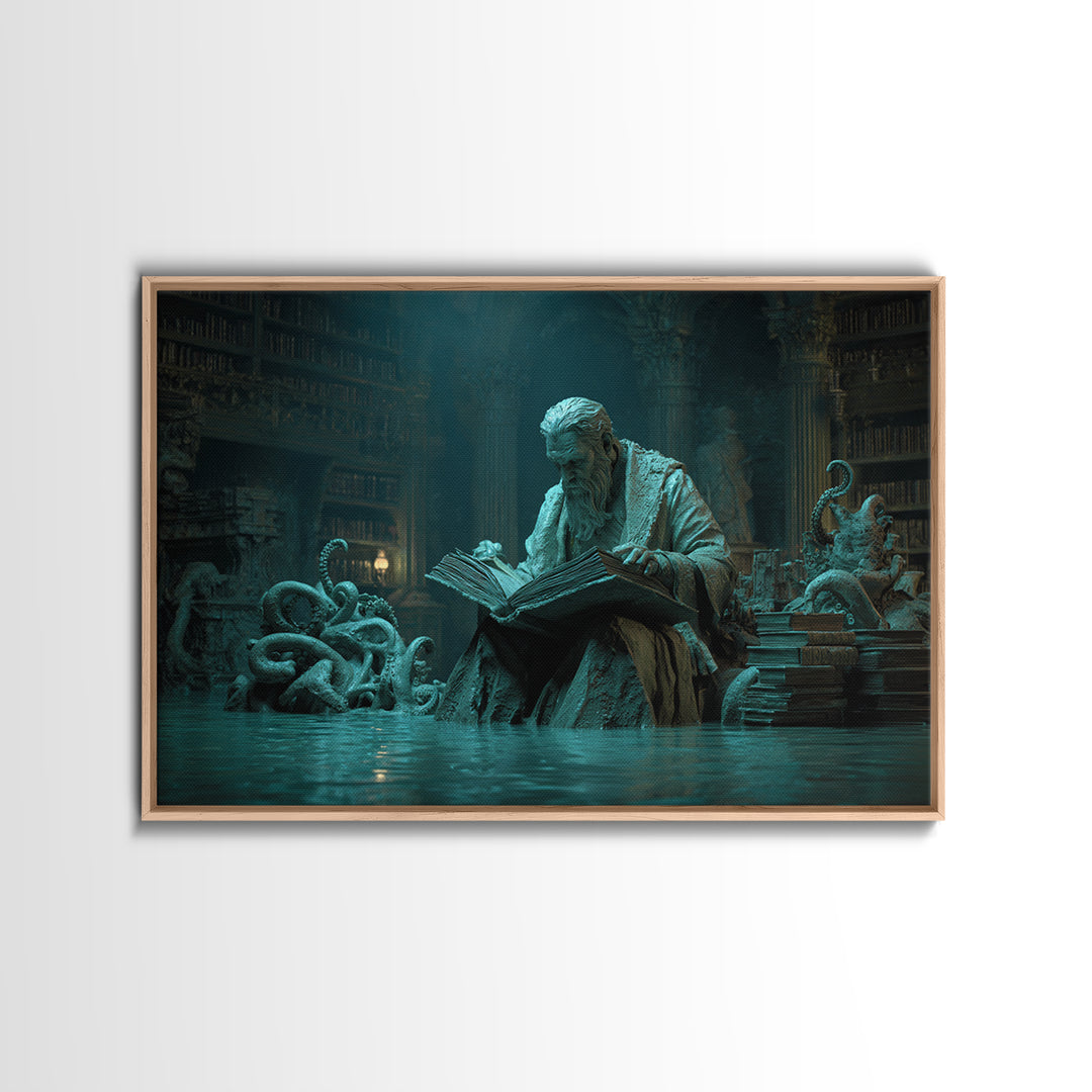The Librarian Of Forbidden Tides, Landscape Wall Art, Lovecraftian Horror Art, Framed Canvas Print, Halloween Wall Decor, Gothic Home Decor