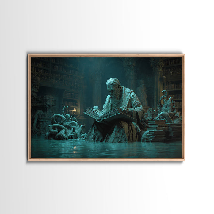 The Librarian Of Forbidden Tides, Landscape Wall Art, Lovecraftian Horror Art, Framed Canvas Print, Halloween Wall Decor, Gothic Home Decor