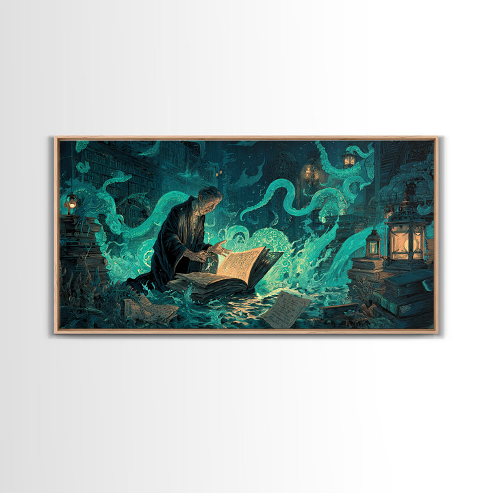 The Librarian Of Forbidden Tides, Wide Panoramic Art, Lovecraftian Horror Art, Canvas Print, Halloween Wall Decor, Gothic Home Decor