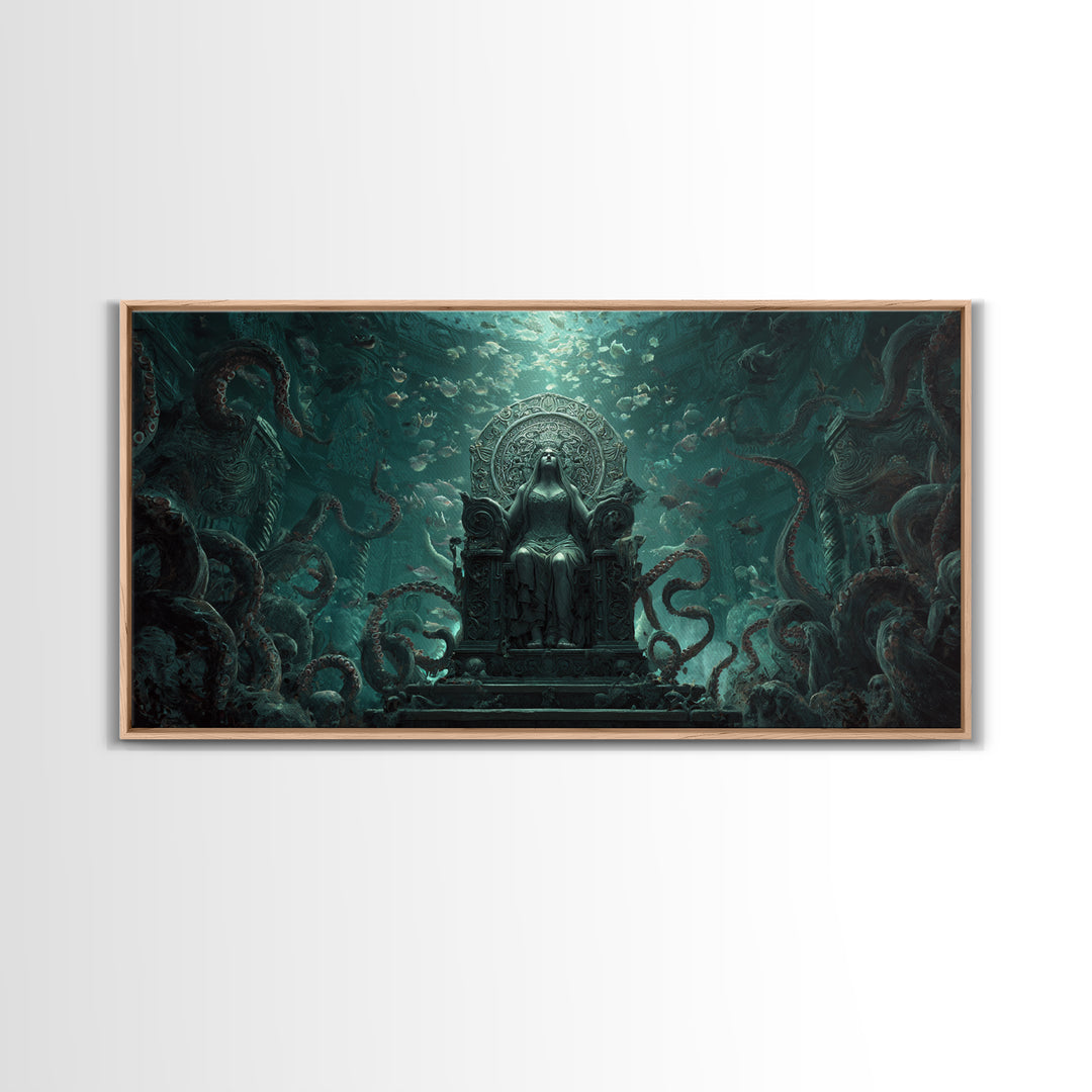 The Watcher In The Coral Throne, Wide Panoramic Art, Lovecraftian Horror Art, Framed Canvas Print, Halloween Wall Decor, Gothic Home Decor